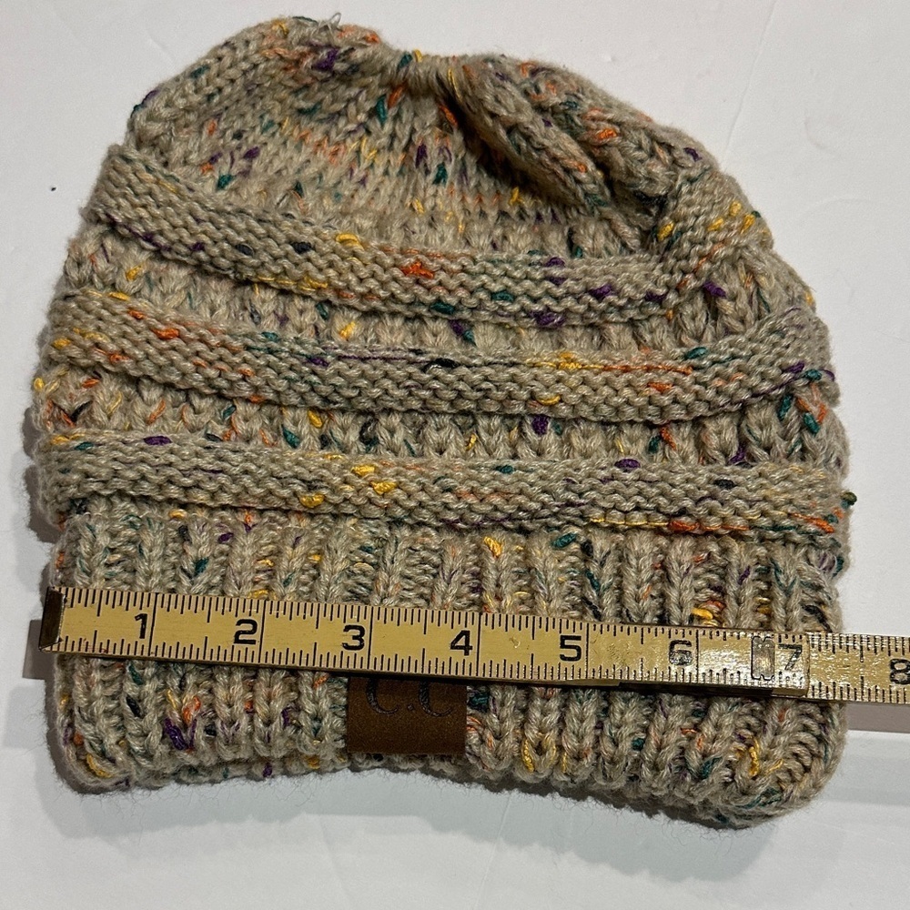 C.C Knit Beanie messy bun/ponytail - Speckled Tan hat - Picture 4 of 6